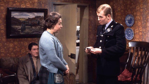 Richard Butler as James Cregan, Patsy Byrne as Bessie Laidlaw and Douglas Fielding as PC Quilley in Z Cars in 1970