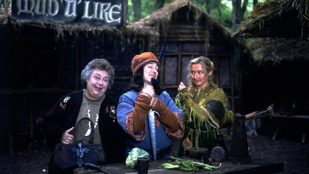 Patsy Byrne as Marian's Mum, Tony Robinson as the Sheriff of Nottingham and Kate Lonergan as Marian in the third series of Maid Marian and Her Merry Men