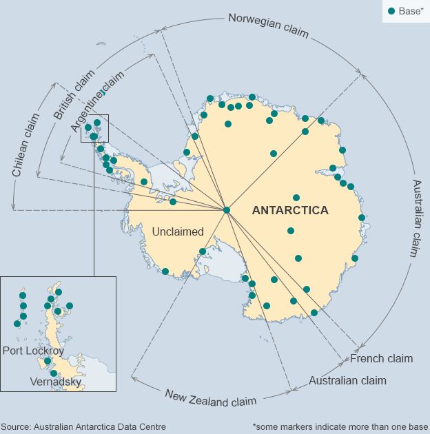 Карта с претензиями на антарктическую землю и исследовательские базы