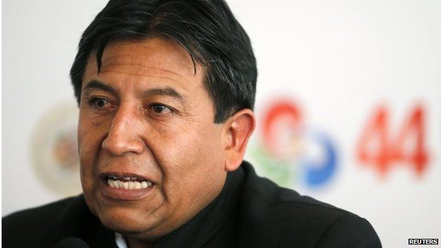 Bolivian Foreign Minister David Choquehuanca speaks during a news conference after a session at the Organization of American States (OAS) General Assembly in Luque on 4 June, 2014.