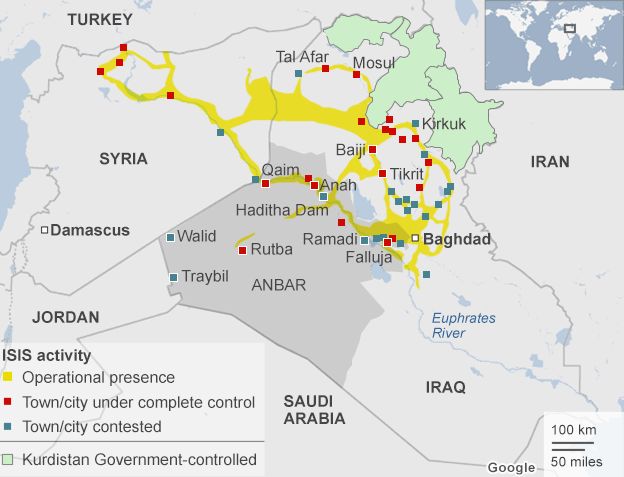Map showing areas controlled by ISIS-led militants in Iraq