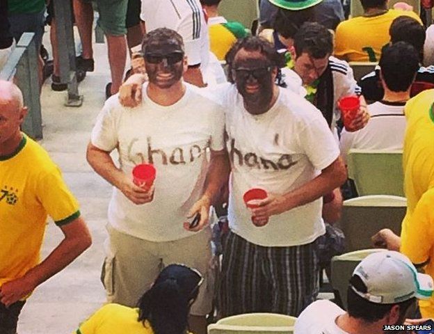 A photo of two fans with their faces blacked-up and t-shirts saying "Ghana" posted to Instgram by Jason Spears
