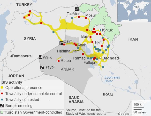 Map showing areas controlled by ISIS-led militants in Iraq