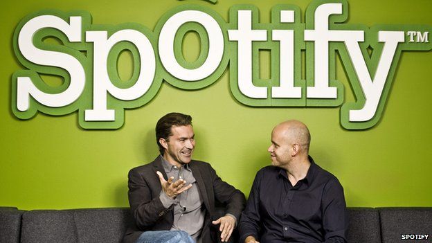Spotify founders sitting in front of logo