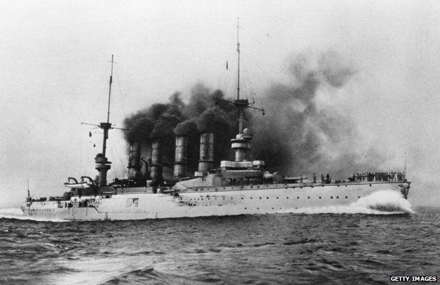 7th December 1914: The German battleship 'Scharnhorst', which was sunk by the British, in action off the Falkland Islands