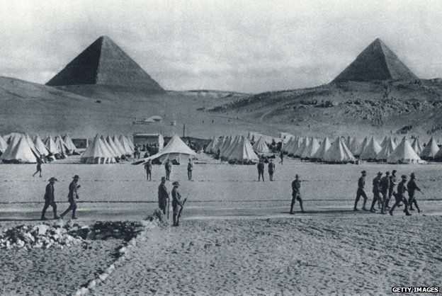 Australian troops camped in front of the pyramids in Egypt during World War I. From The Illustrated War News 1915