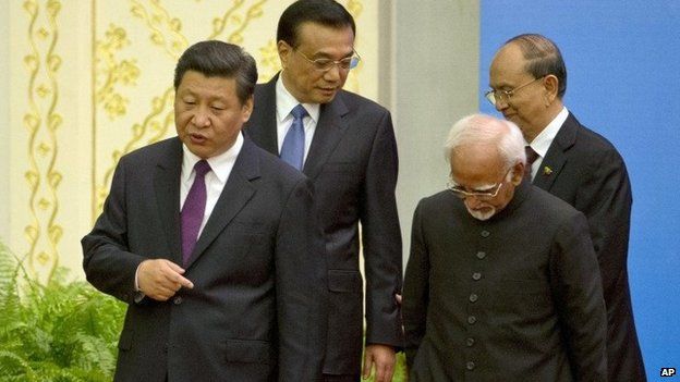 Xi Jinping with Premier Li Keqiang, Indian Vice-President Hamid Ansari and Myanmar President Thein Sein - 28 June