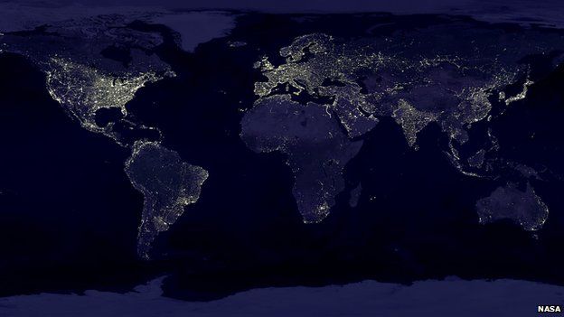 Satellite shot of the earth showing light pollution
