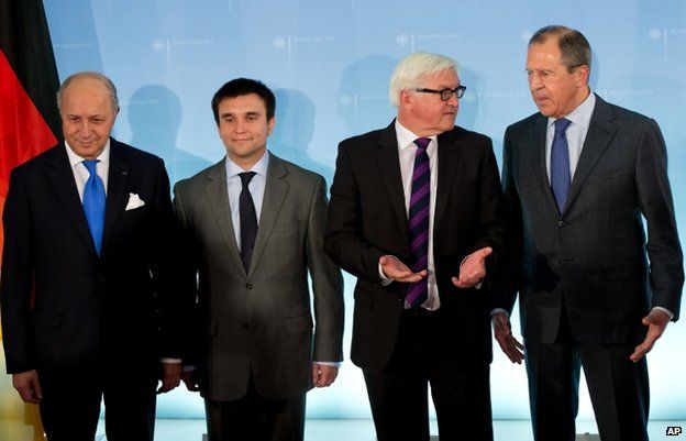 From Left - French Foreign Minister Laurent Fabius, Ukraine's Pavlo Klimkin, Germany's Frank-Walter Steinmeier, and Russia's Sergei Lavrov (2 July)