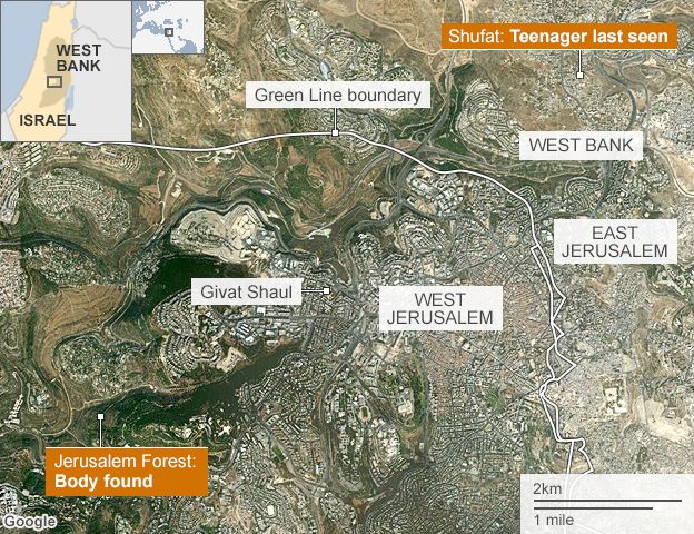 Map of Jerusalem showing locations of kidnapping and body