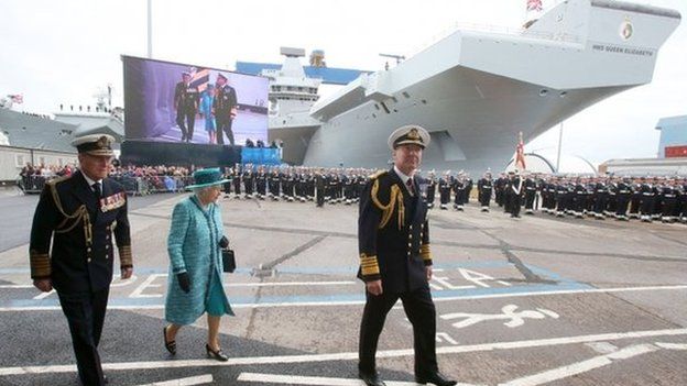 The Queen and the Duke of Edinburgh in front of HMS Queen Elizabeth