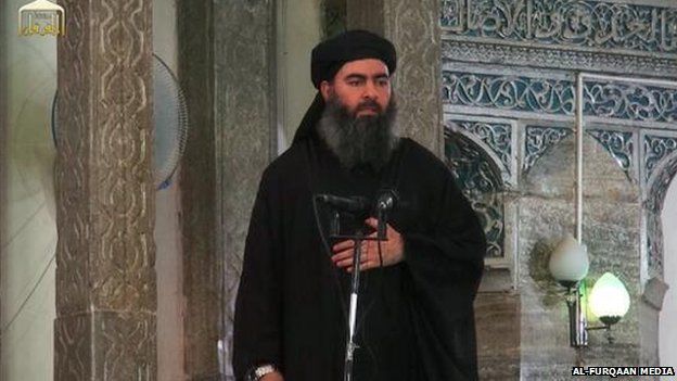 Still from video showing IS chief Abu Bakr al-Baghdadi at a mosque in Mosul in July 2014