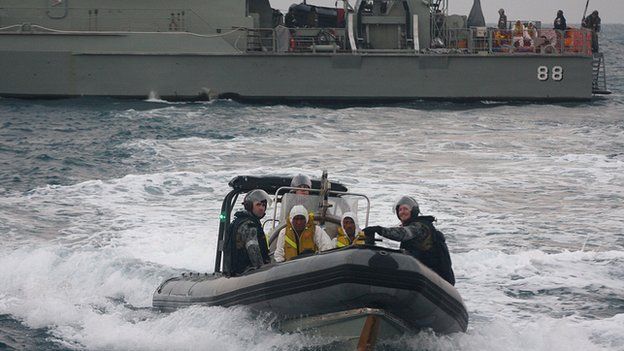 Australian navy personnel transfer asylum-seekers to Indonesian rescue boat near Panaitan island, West Java. 31 August 2012