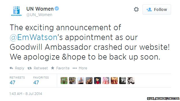 Tweet from UN Women reading: "The exciting announcement of @EmWatson's appointment as our Goodwill Ambassador crashed our website! We apologize & hope to be back up soon."