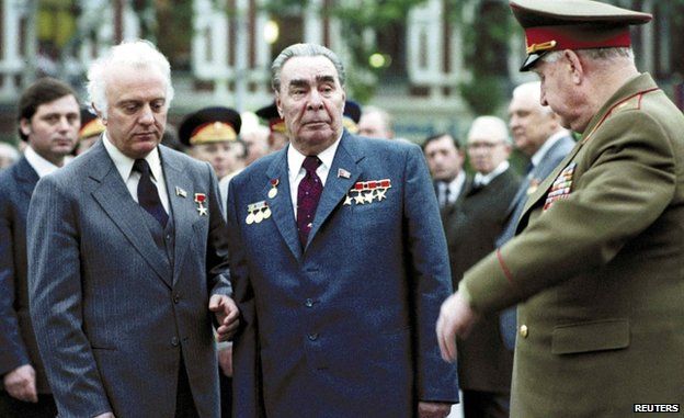 Eduard Shevardnadze with General Secretary of the Central Committee of the Communist Party of the Soviet Union Leonid Brezhnev in 1977 in Tbilisi