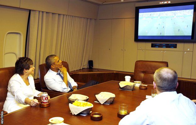 USA president Barack Obama watches the World Cup from Air Force One