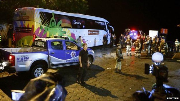 Escorted by the Brazilian military police, the bus carrying the German national soccer team arrives in the town of Santa Cruz Cabralia