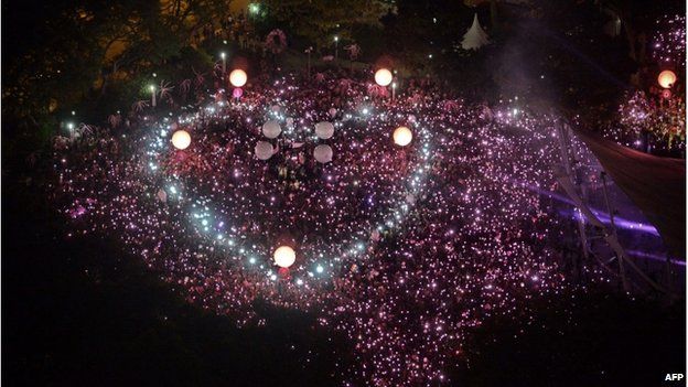 Gay rights supporters form a giant pink dot at Speakers' Corner in Singapore on 28 June 2014.