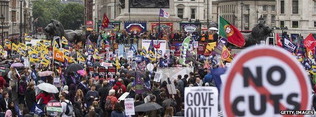 Public sector workers gather in Trafalgar Square in central London