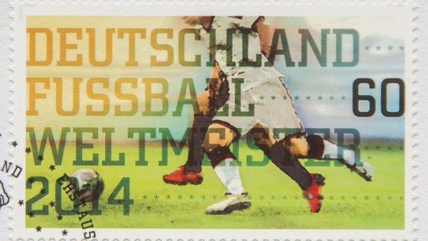 German stamp marking victory in 2014 football World Cup. 14 July 2014