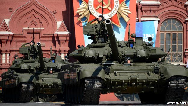 Russian T-90 tanks in Red Square in Moscow, on May 9, 2014, during a Victory Day parade