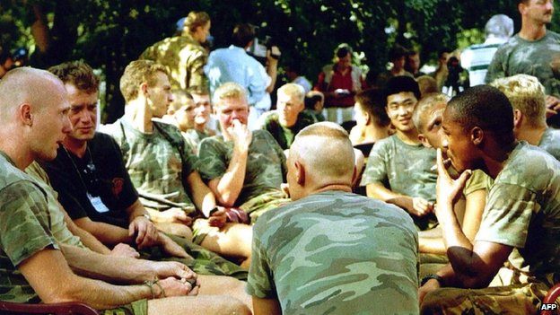 A file photo taken on 16 July 1995 shows Dutch soldiers of the Dutchbat troops in Potocari, Bosnia.