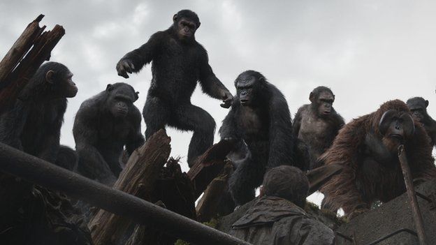 Caesar (standing) and friends in Dawn of the Planet of the Apes