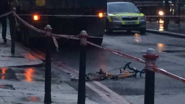 A cyclist is run over by a lorry in London