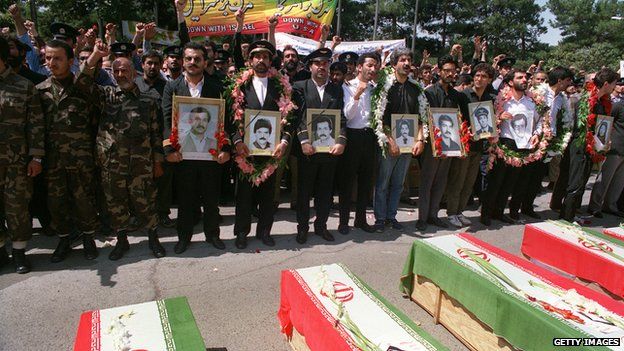 Thousands of people mourn, in Tehran on 7 July, 1988 during the funeral service for those who died when an Iran Air passenger jet was shot down by the US navy