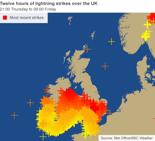 A map showing lightning strikes
