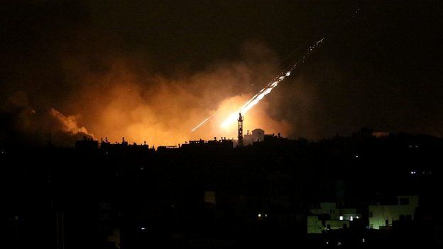 An Israeli airstrike seen in the east of Gaza Strip along the border between Israel and Gaza City - 20 July 2014