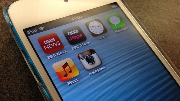 iPod touch screen with icons for BBC News, BBC iPlayer and Instagram