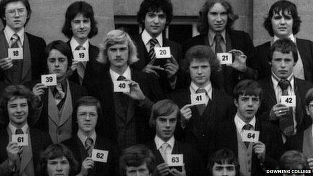 Nick Griffin (holding the number 39) and other graduates of Downing College, Cambridge in 1977