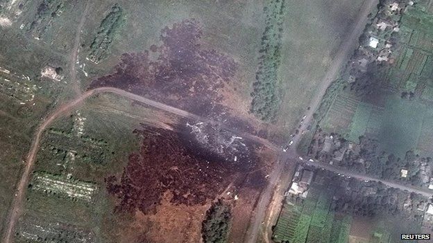 A satellite image shows the crash site of Malaysia Airlines flight MH17 in Ukraine - 20 July 2014
