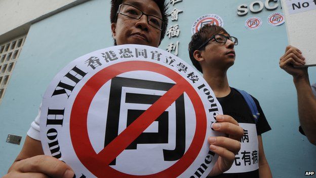 Gay activists in Hong Kong protest against "gay conversion" therapy on 17 June, 2011