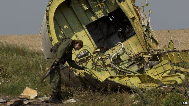 Armed rebel inspects the plane wreckage (22 July 2014)