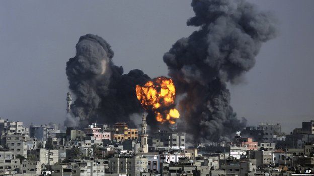 Smoke and fire from the explosion of an Israeli strike rise over Gaza City, Tuesday, July 22