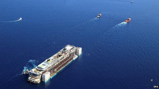 The Costa Concordia being towed on its final journey to the port of Genoa (23 July 2014)
