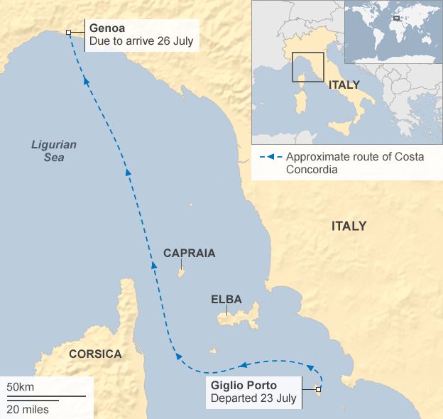 Map showing route of Costa Concordia wreck