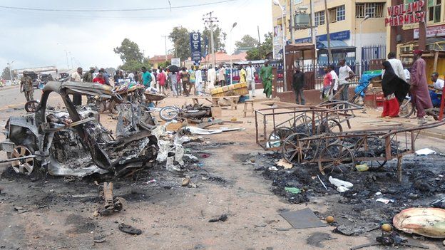 A scene from the second bomb blast in Kaduna, Nigeria on 23 July 2014