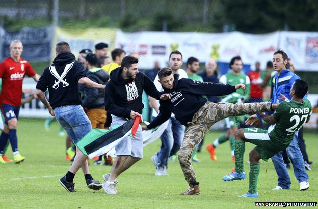 Pro-Palestinian protesters invade the pitch in Bischofshofen, Austria, 23 July