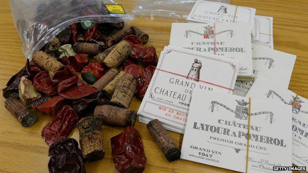 Corks, foil capsules and wine labels that were used as evidence in the trial of wine dealer Rudy Kurniawan are on display in Federal Court in New York on 19 December 2013