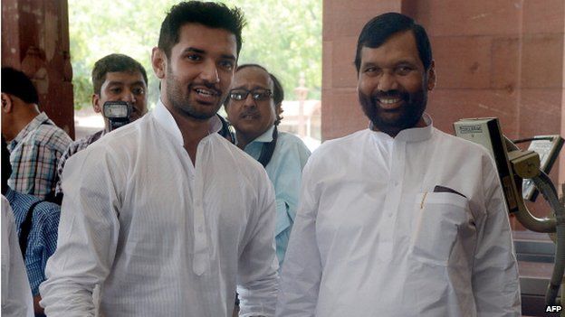 Minister and MP Ram Bilas Paswan (right) with his son and newly elected MP Chirag Paswan