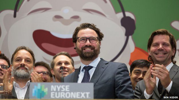 Mikkel Svane (centre) at the New York Stock Exchange after the firm's successful float back in May