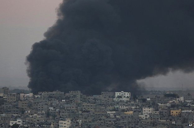 Smoke from an Israeli air strike on a target in Gaza, 25 July
