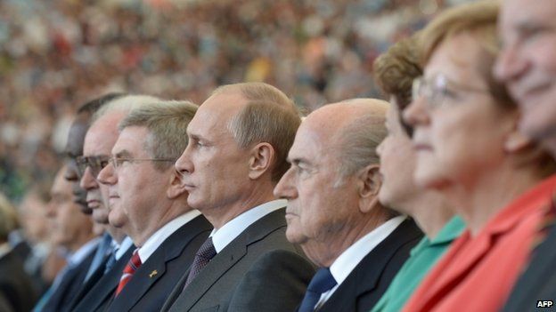 Vladimir Putin, Sepp Blatter and other senior figures at a match during the 2014 World Cup in Brazil