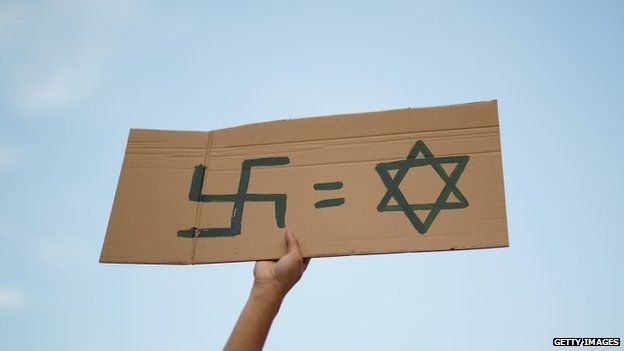 A protester holds a Nazi swastika and Star of David sign in expression of anti-Semitism in Madrid, July 2014