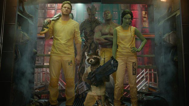 Chris Pratt, Dave Bautista and Zoe Saldana with 'Rocket Raccoon' and 'Groot' in Guardians of the Galaxy