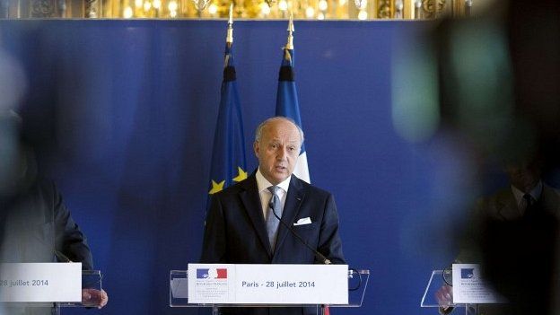 French Foreign Minister Laurent Fabius at a press conference in Paris - 28 July 2014