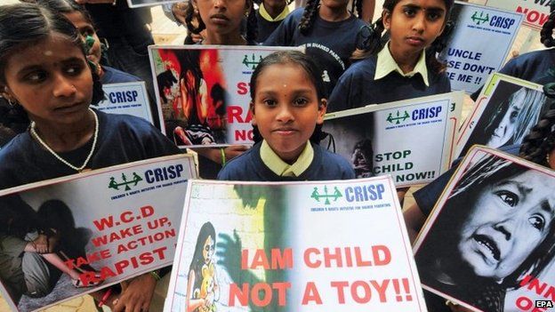 Children in a silent protest against sexual harassment of children, in Bangalore, India, 22 July 2014